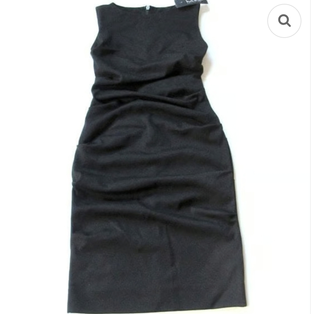 Nicole Miller Lauren Black Sleeveless Ponte Tuck Sheath Dress LBD EUC